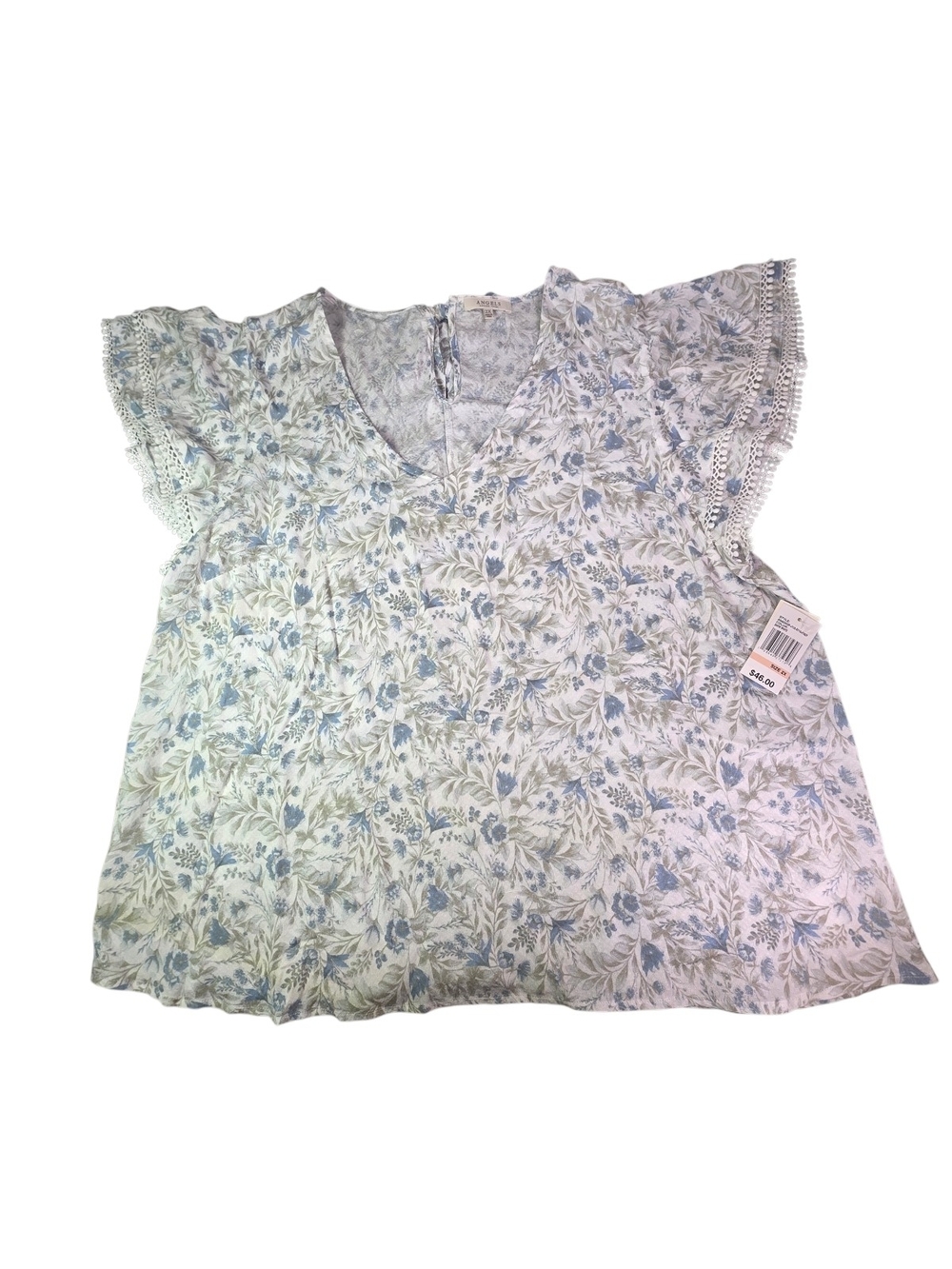 NWT Angels Forever Young Plus Size 2X Blue Floral Ruffle Neck Blouse Top